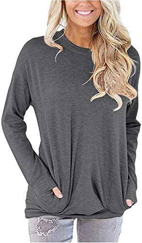 Yanekop Womens Crewneck Sweatshirt Pocket Shirts Casual Loose Tunic Baggy Comfy Blouse(Light Grey,L)
