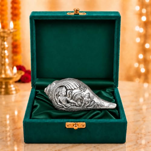 Dev Aastha Silver Plated Vishnu Lakshmi Shankh - 7 Inches Antique Finish Decorative Conch Shell with Detailed Religious Engravings - Auspicious Vastu 