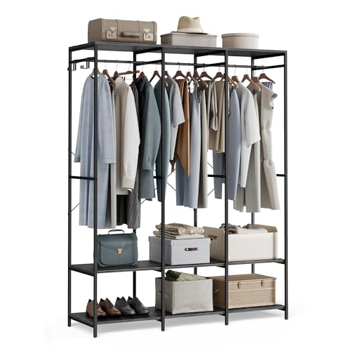 SONGMICS Kleiderschrank offen, Kleiderständer, Garderobenständer, Garderobe mit Kleiderstange, Ablagen, abnehmbare Haken, 40 x 141 x 180 cm, ebenholzschwarz RGR005B56