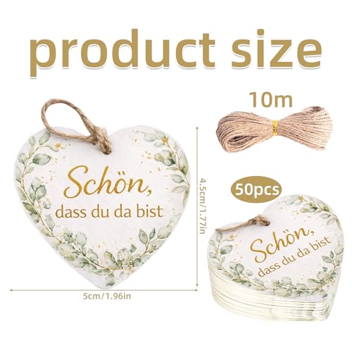 50 Stück Schön Dass Du Da Bist Anhänger Herz Eukalyptus, 5cm Geschenkanhänger Hochzeit, mit Schnur, Papieranhänger, für Geschenkverpackung, Geburtstag, Babyparty, Flaschen,Taufe, Weihnachten