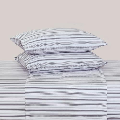 Image of Feather & Stitch Printed 500 TC Split King Size Sheet Set, 5 Piece Bed Sheets Set, 2 Twin Fitted Sheet, 1 King Flat Sheet & 2 King Pillowcases, 18 inch Deep Pockets Sateen Weave - Grey Stripe Print