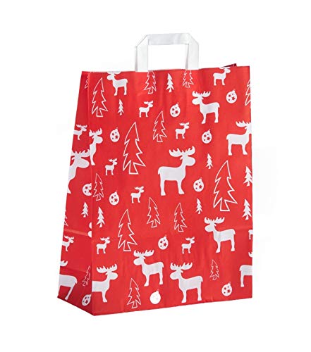 22+10x28 cm, Elch, Papiertragetasche, Flachhenkel, Geschenktüte Weihnachten, Weihnachtstüten, Geschenktasche, Rot Größe 250 Stück