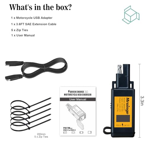 Image of Mroinge Motorcycle USB-C Charger, SAE to USB Adapter, 27W Dual Port USB Fast Charger with Voltmeter /Ammeter and ON /Off Switch, Perfect for Phone, Tablet, GPS etc Charging