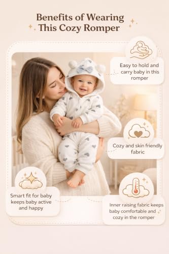 Image of BRANDONN Kids Baby Cotton Fleece Jumpsuit Romper Onesie Sleep Suit Hooded Semi Winter Zipper (White & Grey, Length 65 cm x Chest 35 cm, 12-18 Months)