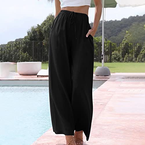 High Waisted Linen Pants for Women Dressy Casual 2025 Drawstring Wide Leg Flowy Pant Summer Beach Trousers2