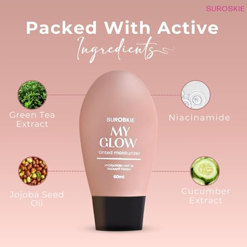 Image of Suroskie My Glow All-In-One Tinted Sunscreen SPF 30 Moisturizer 60 ml (Medium) | Natural Glowy Finish | Green Tea & Niacinamide | Intense Hydration & UVA /UVB Protection | Sweat resistant | Cream For Men & Women