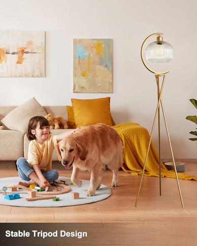 Image of Lightdot Tripod Floor Lamp for Living Room, Gold Standing Lamp with Clear Glass Lampshade, Farmhouse Tall Lamp for Bedroom, Arced Reading Light for Home Office /Sofa Beside /Corner Decor(Bulb Included)