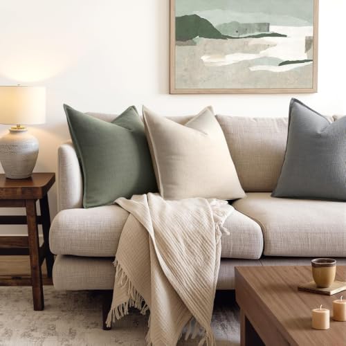 Image of MIULEE Euro Sham Pillow Covers for Bed 24x24, 2 Pack Olive Green Thick & Textured Decorative Throw Pillow Covers, Neutral Linen Cushion Cases, Modern Farmhouse Home Decor, No Filling