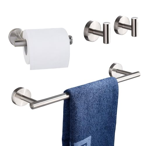 Betadistor 110403 - Juego de 4 soportes para rollo de papel higiénico de 16 pulgadas + toallero de acero inoxidable + 2 ganchos para abrigos, accesorios de baño modernos pulidos, color plateado