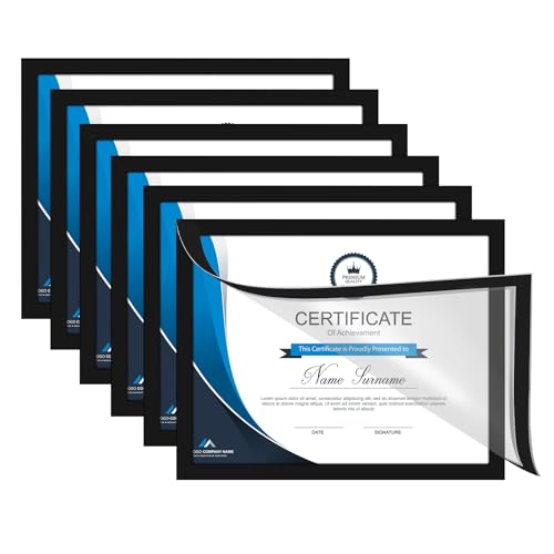 Derlyniupi 8.5 x 11 Certificate Frames Set Of 6, Self Adhesive Magnetic Picture Frame, Diploma Frame for Wall Display, Document Frames For Home Office, Horizontal or Vertical, Black