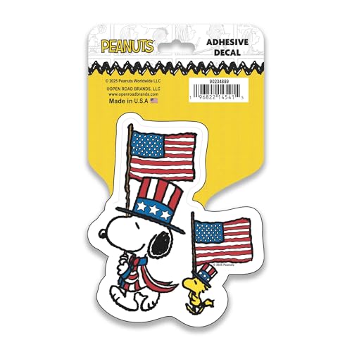 Image of Peanuts Snoopy Patriotic American Flag Adhesive Vinyl Decal - Fun Snoopy Parade Sticker for Car or Gear