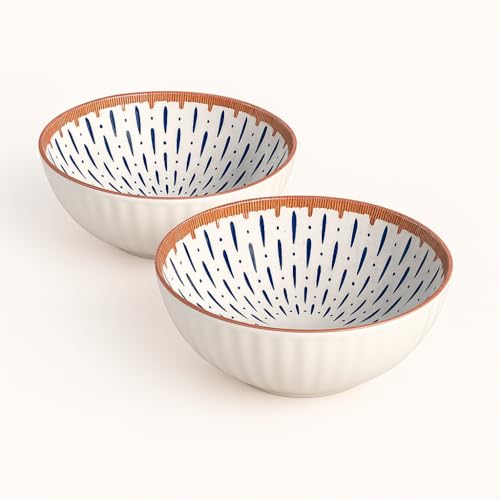 Image of YELONA Ceramic Bowls Set of 2 | 300ml Hand-Painted Japanese Style Rice /Soup Bowls | Microwave & Dishwasher Safe | Blue Droplet Pattern | Lead-Free Porcelain | 11.5cm Diameter