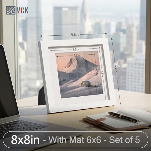 Image of VCK 8x8 Picture Frame 5 Pack, White Wood, 6x6 Mat, Glass, for Photo Print