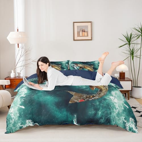 Juego de funda de edredón con diseño de pez lucio, lubina, pez grande, para niños, niñas, adolescentes, decoración de habitación, pesca y caza, tamaño individual, 2 piezas, cierre de cremallera