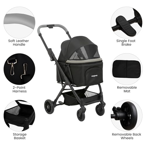Image of Babyboat Portable Dog Stroller for Small Dogs Cats Up to 35 Lbs - Black | One Hand Folding Compact Travel Pet Stroller with Convertible Canopy, Storage Basket, Cup Holder