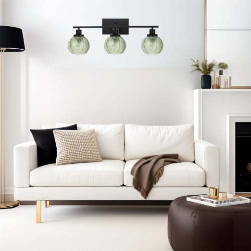 Image of Farmhouse 3-Light Sage Green Glass Vanity Wall Light Fixture | Industrial 3-Light Sage Green Ribbed Globe Wall Sconce, E26 Lighting For Laundry, Powder Room, Hallway