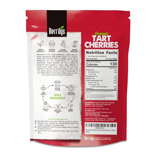 Berrilys Organic Dried Tart Cherries – Sun-Dried - Natural Flavor - Pitted Cherries for Healthy Snacking - Packed with Nutrients - Ideal for Smoothies, Baked Goods, or Treats - Resealable Bag - 10 Oz