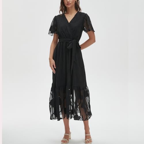 Image of Women's Summer Bohemian Floral Chiffon Dress Cap Sleeve V Neck Ruffle Long Flowy Boho Casual Vacation Dresses