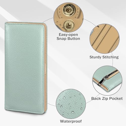 Image of Immaturus Womens Wallet, Sage Green Slim Thin RFID Blocking Card Wallets, Bifold PU Leather Credit Card Holder Organizer, Cute Cash Clutch Long Billfold with Zipper Coin Pocket Ladies Girls Gift