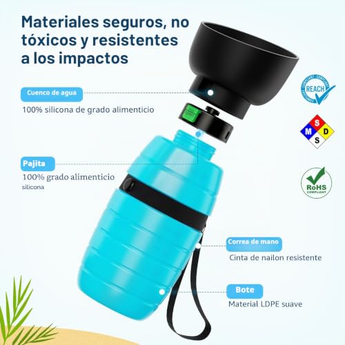 Miniatura 3 de Pecute Botella De Agua Para Perros Con Cuenco De Agua Plegable Azul 850ml Botella De Agua De Silicona De Grado Alimentario Para Perros Gatos, 100 Libre De Fugas De Agua