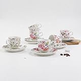 Vintage Floral Ceramic Coffee Cup and Saucer Set, 90 ml Espresso Cups, European Style Tea Cups for Home & Gifting (Set of 6)