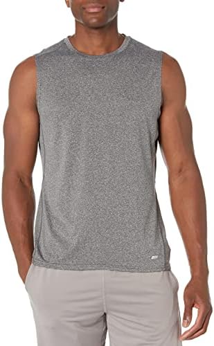 Amazon Essentials Men's Tech Stretch Muscle Shirt, Black Heather, Large