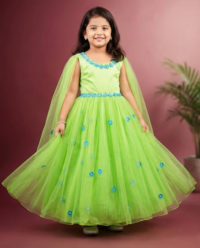 Image of Stanwells Kids Dress for Girls Embroiderd Full Length Frock for Baby Girls Flower Gown Ruffle Pattern Back Zipper Beautiful Sleeveless Birthday Dress for Girls Coral (1-9 Years)