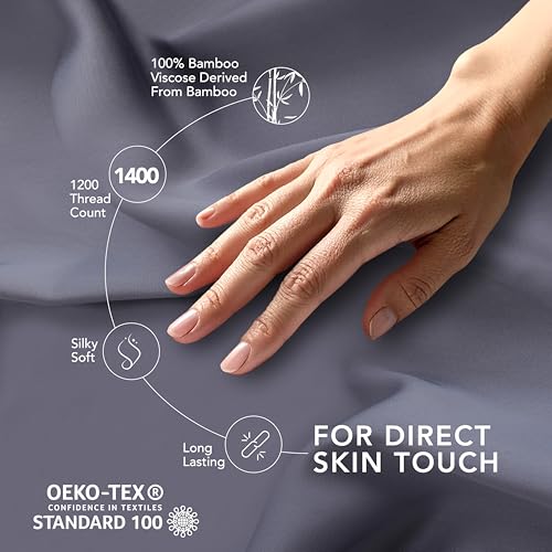 Image of EPITEX Solid 4 Piece Queen Sheet Set - Viscose Derived from Bamboo, 1400 Thread Count, Breathable and Cooling Bed Sheets Set, Luxurious Silky Bedding for Hot Sleeper, Deep Pocket Up to 16'', Charcoal