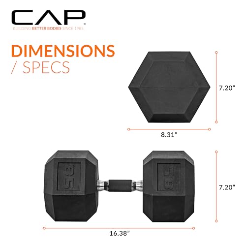 Image of CAP Rubber Coated Dumbbell Weights, Free Weights for Home Gym Strength Training, Anti-Roll Hex Dumbbells with Black, Chrome & Comfort Grip Handles, Singles