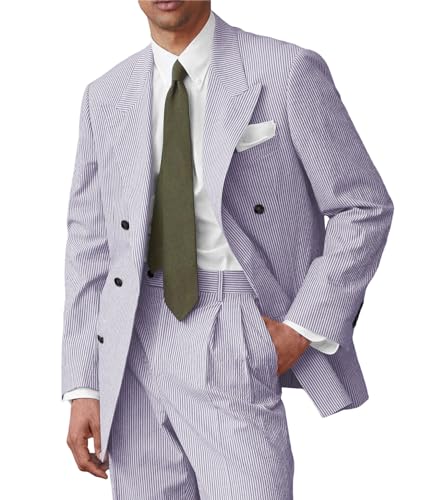 Mens Double Breated Striped Seersucker Suit 2 Piece Blazer Pants Beach Wedding Casual Lightweight Suit