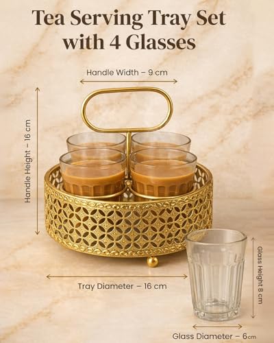 Image of Printed Tea Glass Set with Golden Metal Stand | Set of 4 Cutting Chai Glasses 120ml | Designer Iron Holder Tray for Tea Coffee Serving | Home Kitchen Cafe Use (Gold)