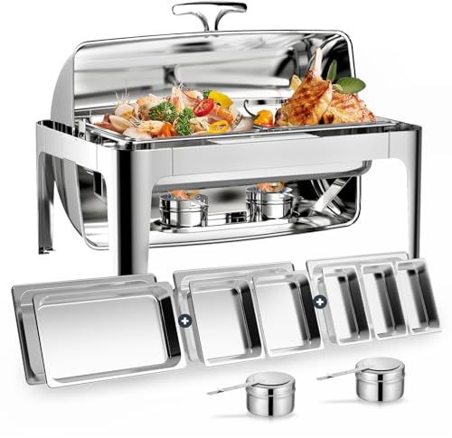 13QT Roll Top Chafing Dishes for Buffet: Chafers and Buffet Warmers Sets with 1 Full Size, 2 Half-Size, 3 1/3 Size Food Pans & 1 Water Pan, for Parties Family Gathering Birthday Wedding