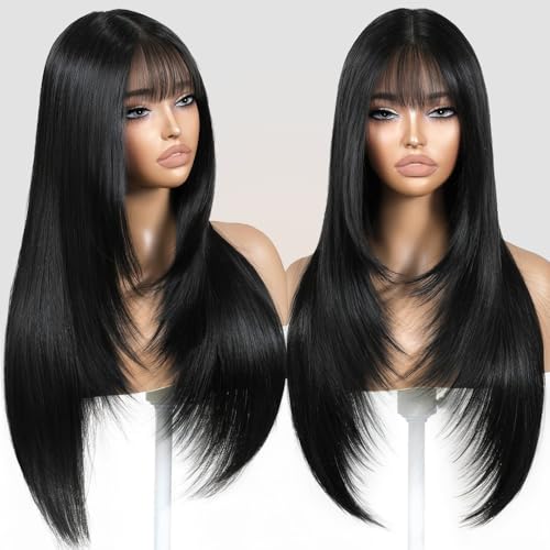 ZRLK Black Wig with Bangs Long Black Wig for Women Synthetic Heat-Resistant Hair Layered Style Hair for Daily and Party Use