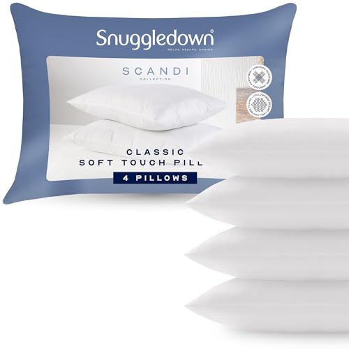 Image of Snuggledown Soft Touch Striped Pillows 4 Pack - Hotel Quality, Bouncy & Supportive Pillow for Back & Side Sleepers | UK-Made, Non-Allergenic Cover, Washable (48 x 74cm)