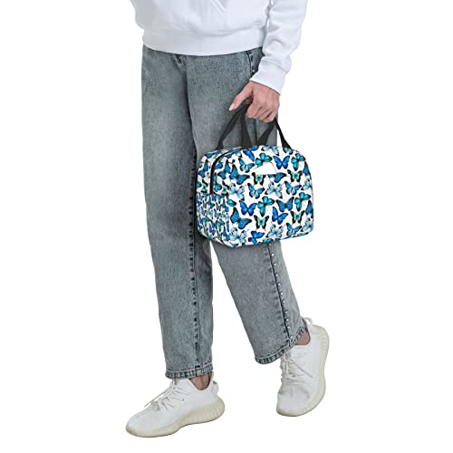 Insulated Lunch Bag Box For Women With Blue Butterfly Print Cooler Thermal Waterproof Reusable Tote Bag With Big Pocket For Work Office Picnic College #TOP6