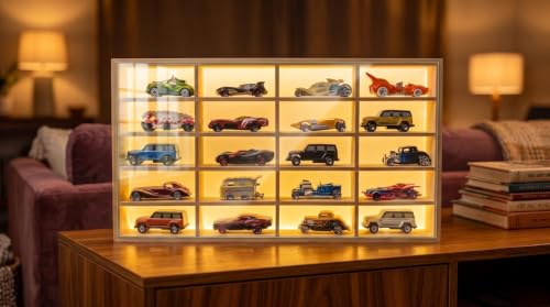 Image of BestofCRAFT Wooden Display for Cars LED 20-Compartment Die Cast Case - Polished Smooth Finish Display for 1:64 | Rack for Hot Wheels, Matchbox & Miniature Cars (with Acrylic Cover)