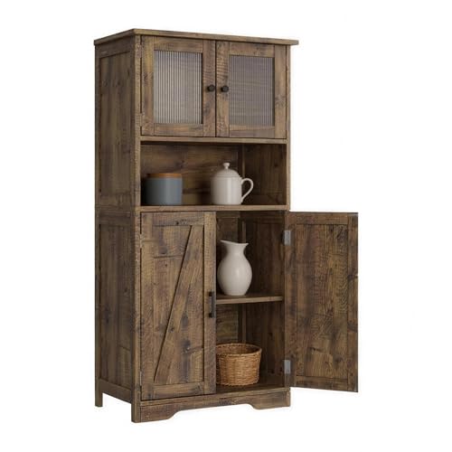 Garvee Muebles de Cocina, Armario de Almacenaje, Armario Aparador, con Puertas de Cristal y Estantes Ajustables, para Salón y Cocina, Estilo Moderno, 60 * 30 * 128 cm (Marrón)
