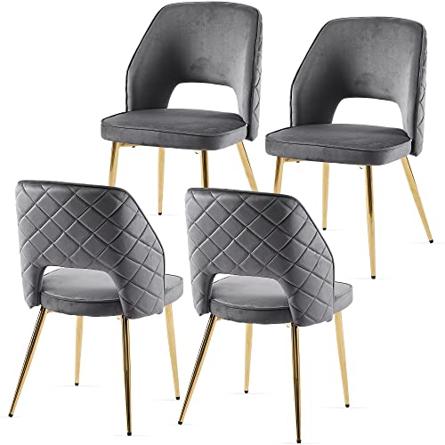 NORDICANA Modern Dining Chair Set of 4, Grey Velvet Fabric Upholstered Accent Chairs with Golden Metal Legs, Round Back Side Chairs for Kitchen Living Room Bedroom