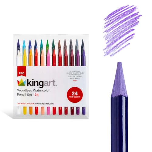 KINGART 315-24 Pro Artist Quality 24 Ct. Woodless Watercolor Pencil Set 24 Soft Core Pre-Sharpened Crayon Style Art Pencils Use Wet or Dry Professional to Beginner