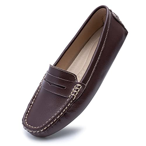 Heydonic Women's Loafers Moccasins Soft Casual Walking Driving Ladies Office Penny Flats Boat Shoes Women Slip On Comfortable Leather Light Coffee Size 9 #TOP4
