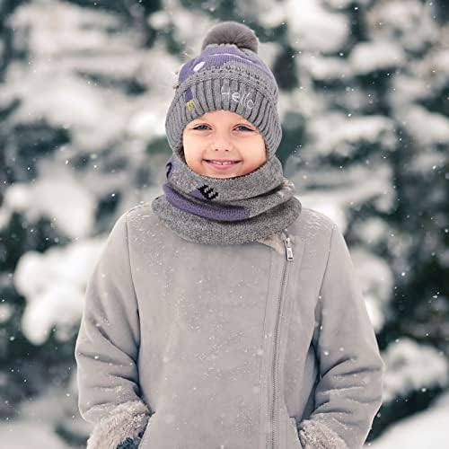 TAGVO Scarf and Hat Set For Kids, Child's Warm Hat and Bib Set Elastic Warm Beanie Cap with Thick Cotton Lining Warm Neck Warmer Set, Toddler Beanie Hat Set, with Pompom Beanie Fleece Lining Aged 1-5