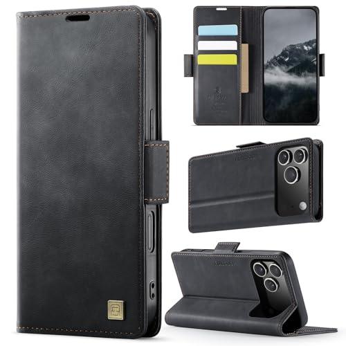 Étui iPhone 16 noir portefeuille en cuir avec fermeture magnétique