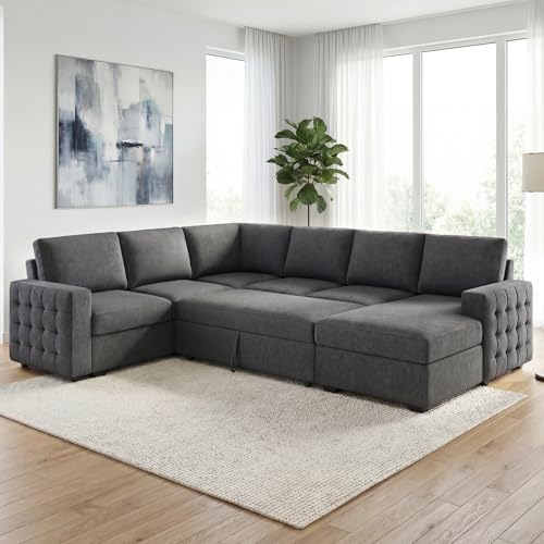 HONBAY Sectional Sleeper Sofa with Pull-Out Bed Storage Chaise, 6 ...