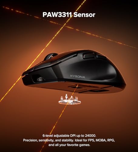 Image of KYSONA Wireless Gaming Mouse, 26000 DPI, 8K Polling Rate, Tri-Mode 2.4GHz /USB-C /Bluetooth Ergonomic Mouse with Web-driven, Ice-cooling Coating, Rechargeable Gaming Mice for Laptop /PC /Mac /Tablet, Black
