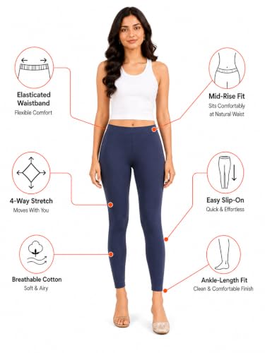 Image of Women's Cotton Lycra Ankle Length Leggings | Regular Rise, Soft 4 Way Stretch Fabric | Casual & Ethnic Wear