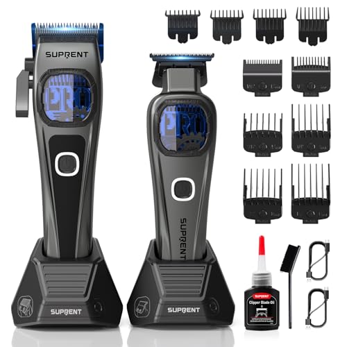 SUPRENT Haarschneidemaschine Herren Profi Titanbeschichtete Fade-Klinge Einstellbares Zero-Gap T-Blade 5 Längenstufen Magnetische Führungskämme 2500mAh Akku & Typ-C Ladestation