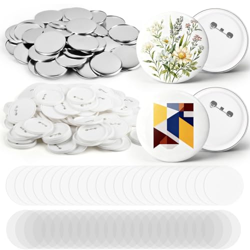 OTYMIOW 100 Sets 3 Inch Button Maker Supplies 75mm Pin Maker Supplies Round Badge Parts with Metal Covers Plastic Pin Backs Clear Film Blank Paper Perfect for Button Maker Machine DIY Crafts