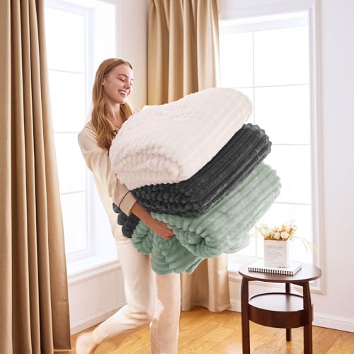 WAVVE Decke Sherpa Kuscheldecke Flauschig Grün - Extra Warme Dicke Weiche Grobe Kordecke Sofaüberwurf, Sofadecke Doppelgesicht, 220x240 cm XL Wolldecke Couchdecke Wohndecke