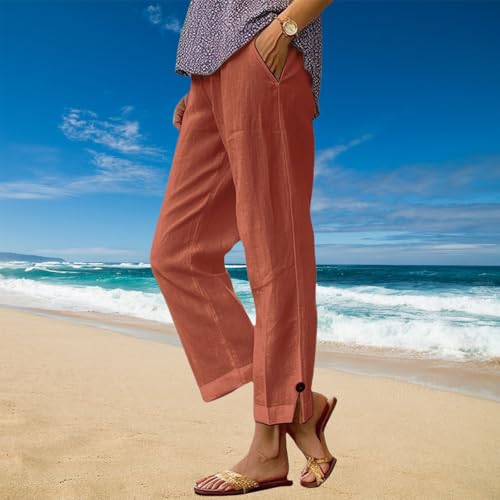 Linen Capri Pants for Women, High Waist Straight Leg Lightweight Fit, Summer Linen Clothes for Seniors Beach Travel4