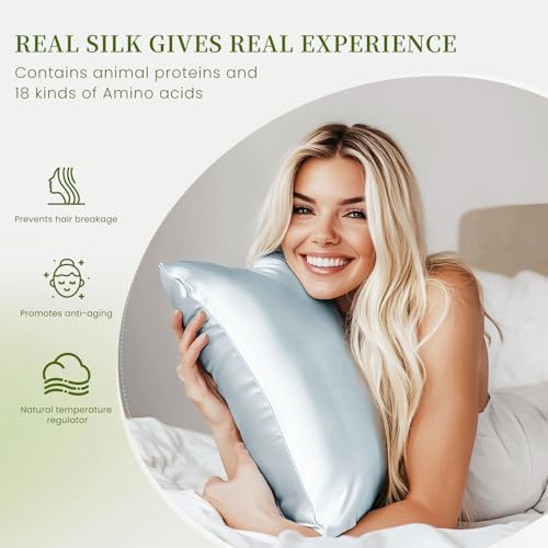 Image of THXSILK Mulberry Silk Pillowcase Standard Size, Set of 2 Pillowcases, Pillow Cover with Hidden Zipper, Soft Smooth Cooling Pillowcases for Hair and Skin, Gift for Women Men, Blue
